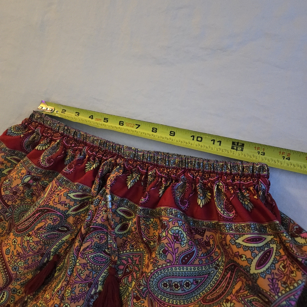 Orange Paisley Silk Wide Leg Boho Pants Elastic Waist Tassle Ties CW3 - Picture 4 of 11